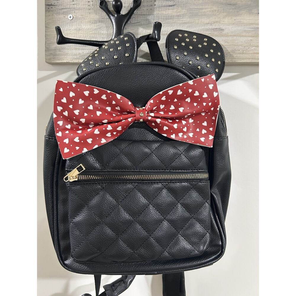 Olivia Miller Disney Minnie Mouse Studded Backpack Black Red Hearts Bow Quilted